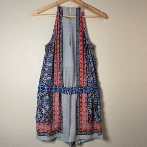 BCBGMAXAZRIA XXS Romper Blue Red Print Sleeveless Drawstring Waist Pockets